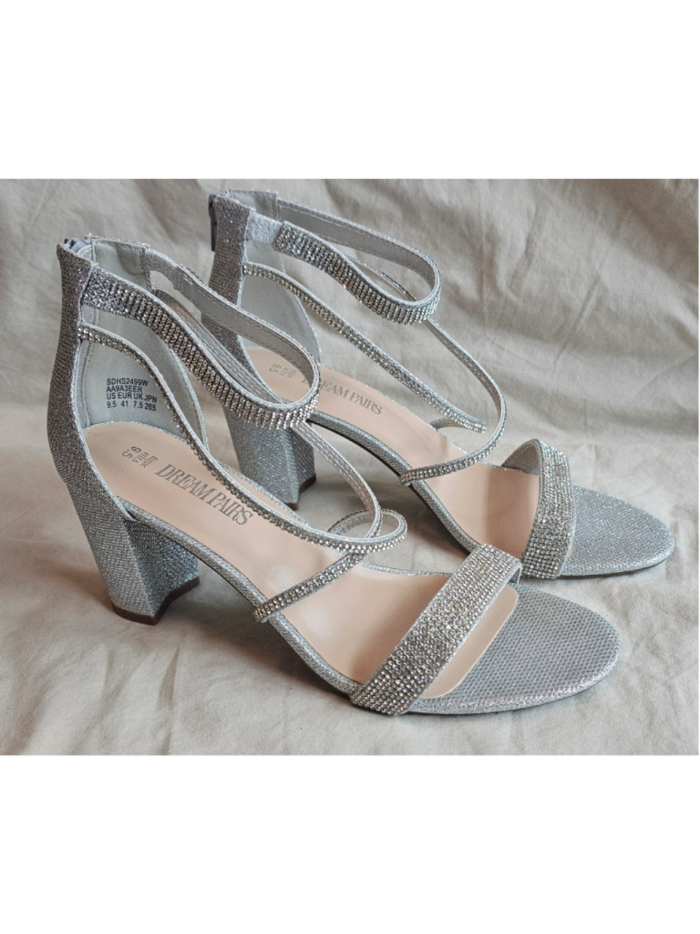 Women's Dream Pairs Silver Glitter Rhinestone Block Heel Sandals Size 9.5